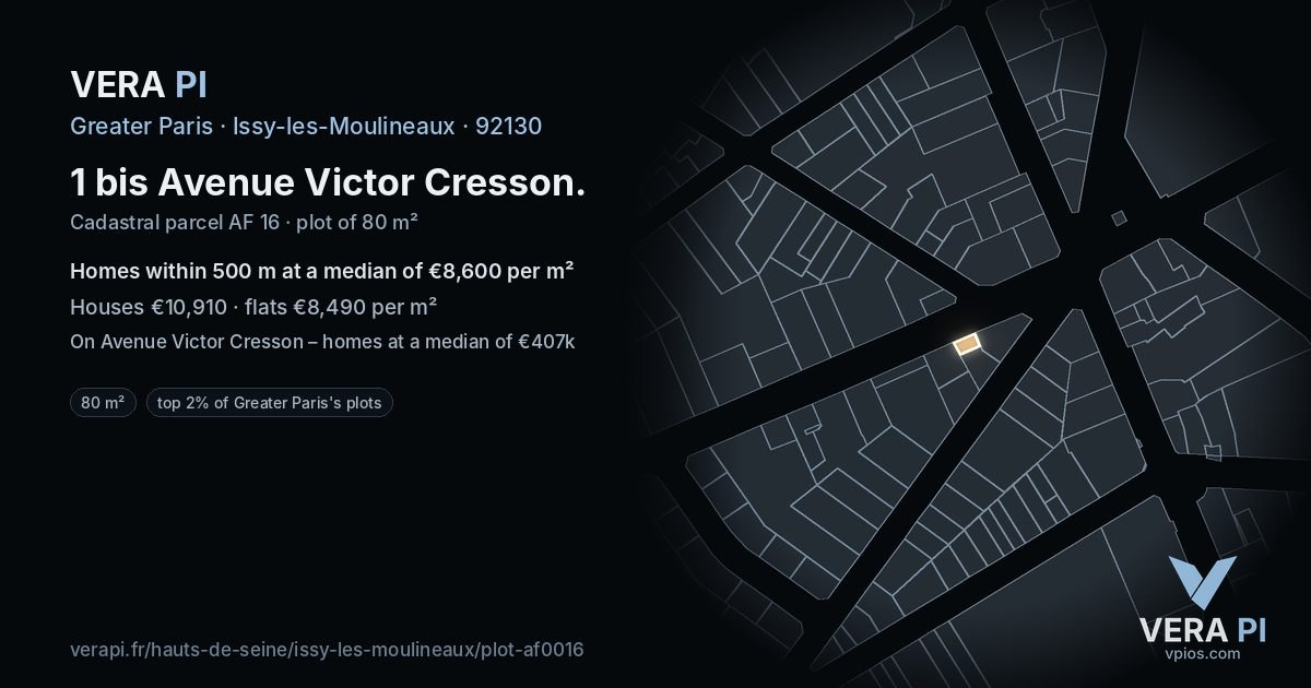1 bis Avenue Victor Cresson, Issy-les-Moulineaux at night – the plot lit, the parcels around coloured by the prices near them