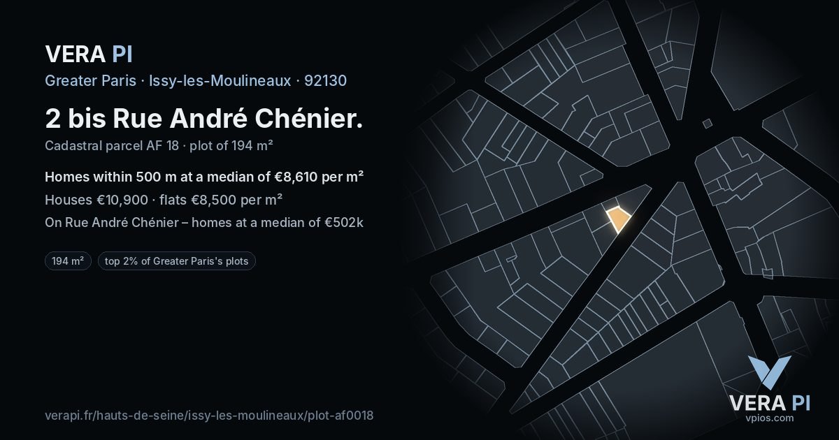 2 bis Rue André Chénier, Issy-les-Moulineaux at night – the plot lit, the parcels around coloured by the prices near them
