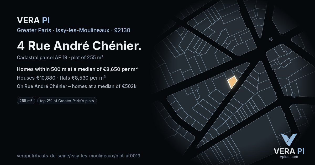 4 Rue André Chénier, Issy-les-Moulineaux at night – the plot lit, the parcels around coloured by the prices near them