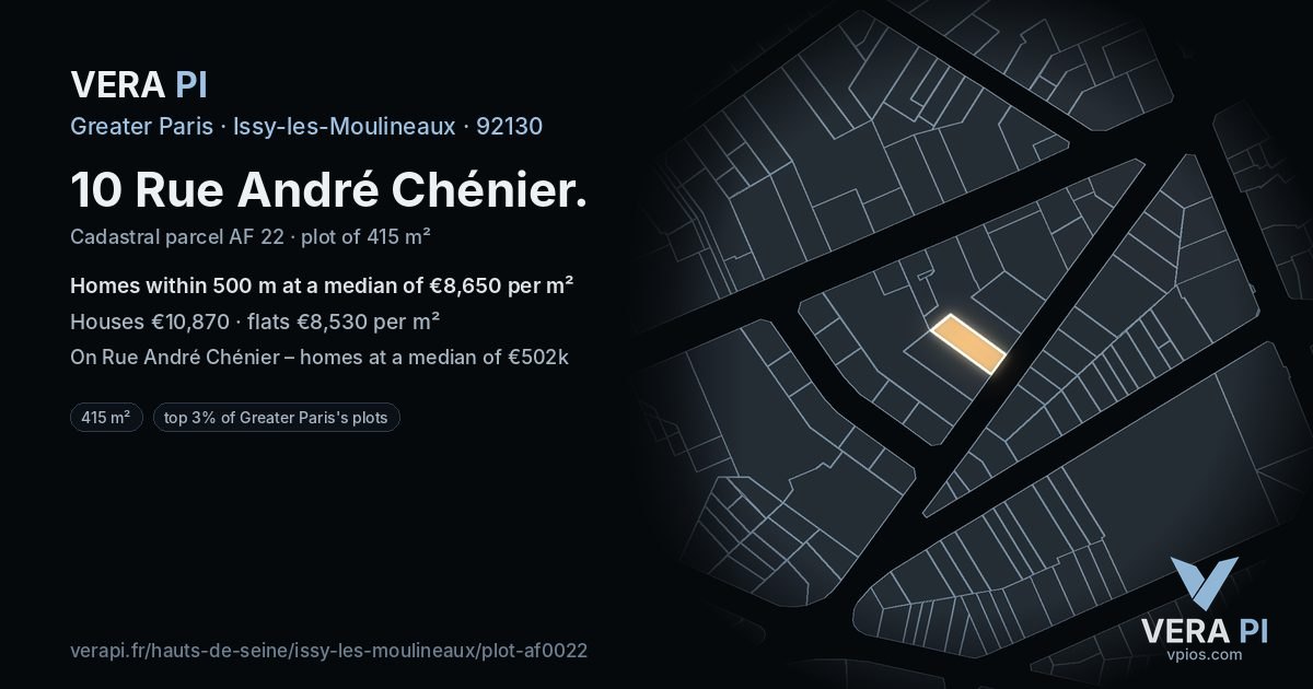10 Rue André Chénier, Issy-les-Moulineaux at night – the plot lit, the parcels around coloured by the prices near them