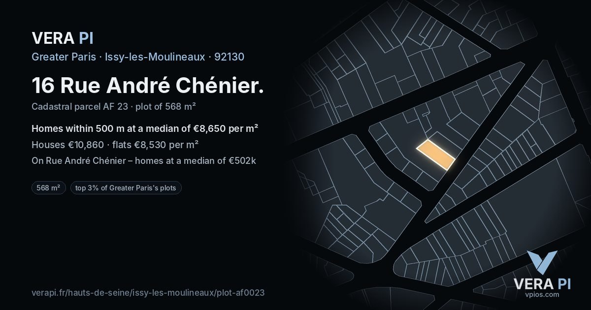 16 Rue André Chénier, Issy-les-Moulineaux at night – the plot lit, the parcels around coloured by the prices near them