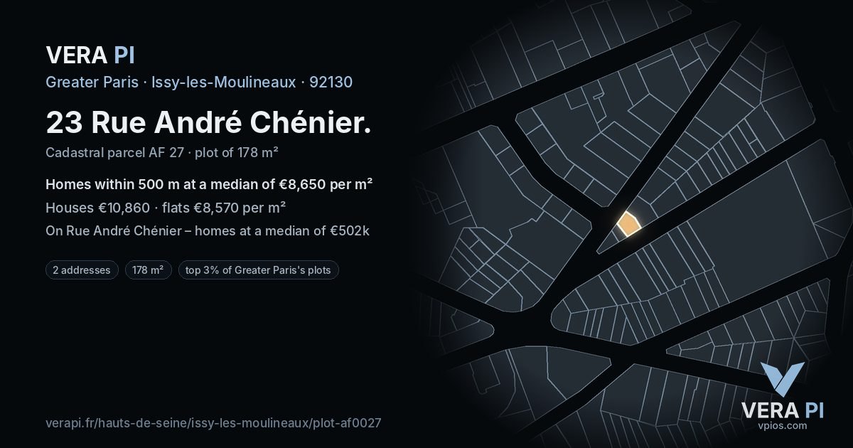 23 Rue André Chénier, Issy-les-Moulineaux at night – the plot lit, the parcels around coloured by the prices near them