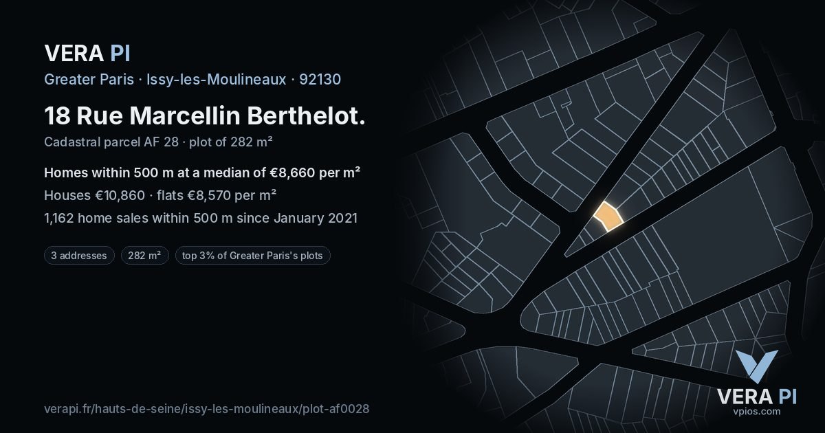 18 Rue Marcellin Berthelot, Issy-les-Moulineaux at night – the plot lit, the parcels around coloured by the prices near them