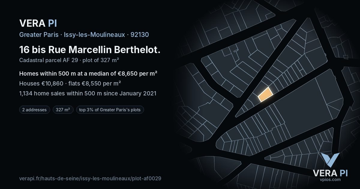 16 bis Rue Marcellin Berthelot, Issy-les-Moulineaux at night – the plot lit, the parcels around coloured by the prices near them