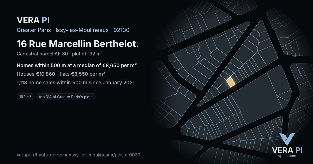 16 Rue Marcellin Berthelot, Issy-les-Moulineaux at night – the plot lit, the parcels around coloured by the prices near them