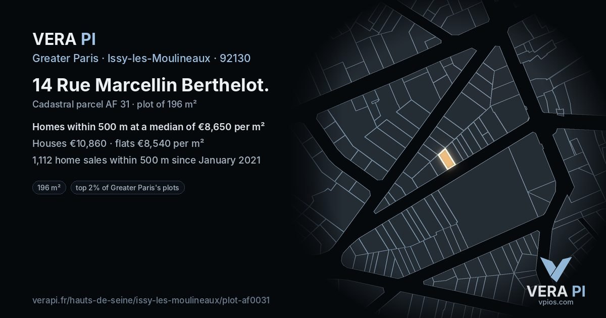14 Rue Marcellin Berthelot, Issy-les-Moulineaux at night – the plot lit, the parcels around coloured by the prices near them