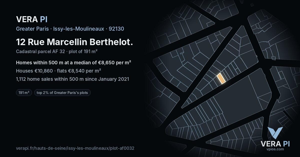 12 Rue Marcellin Berthelot, Issy-les-Moulineaux at night – the plot lit, the parcels around coloured by the prices near them