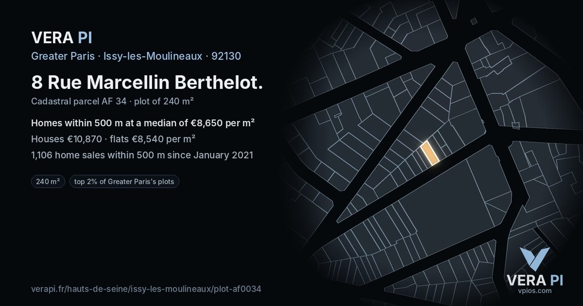 8 Rue Marcellin Berthelot, Issy-les-Moulineaux at night – the plot lit, the parcels around coloured by the prices near them