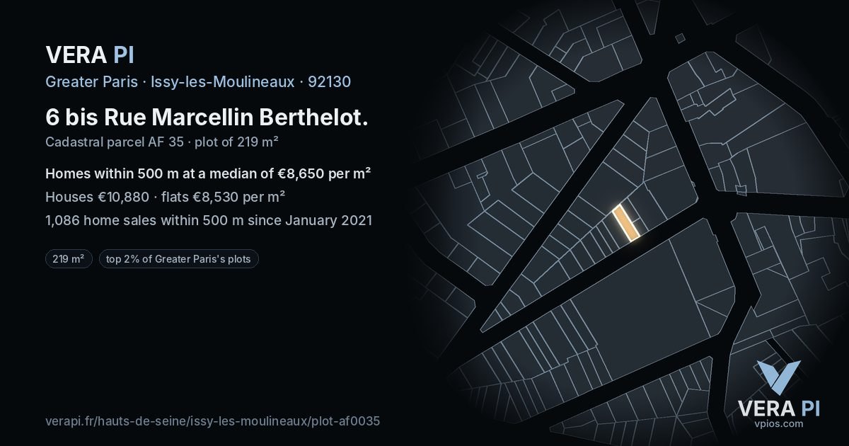 6 bis Rue Marcellin Berthelot, Issy-les-Moulineaux at night – the plot lit, the parcels around coloured by the prices near them
