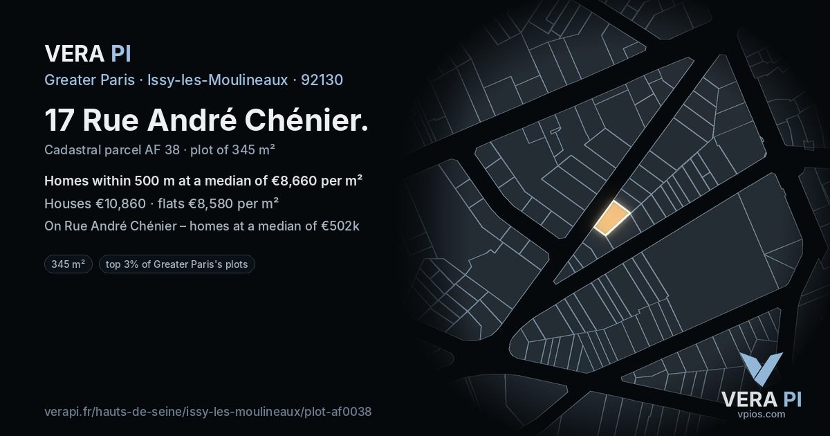 17 Rue André Chénier, Issy-les-Moulineaux at night – the plot lit, the parcels around coloured by the prices near them