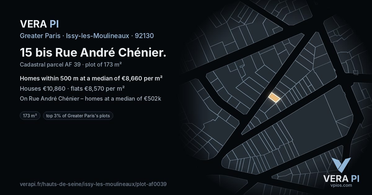 15 bis Rue André Chénier, Issy-les-Moulineaux at night – the plot lit, the parcels around coloured by the prices near them