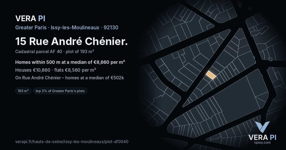 15 Rue André Chénier, Issy-les-Moulineaux at night – the plot lit, the parcels around coloured by the prices near them