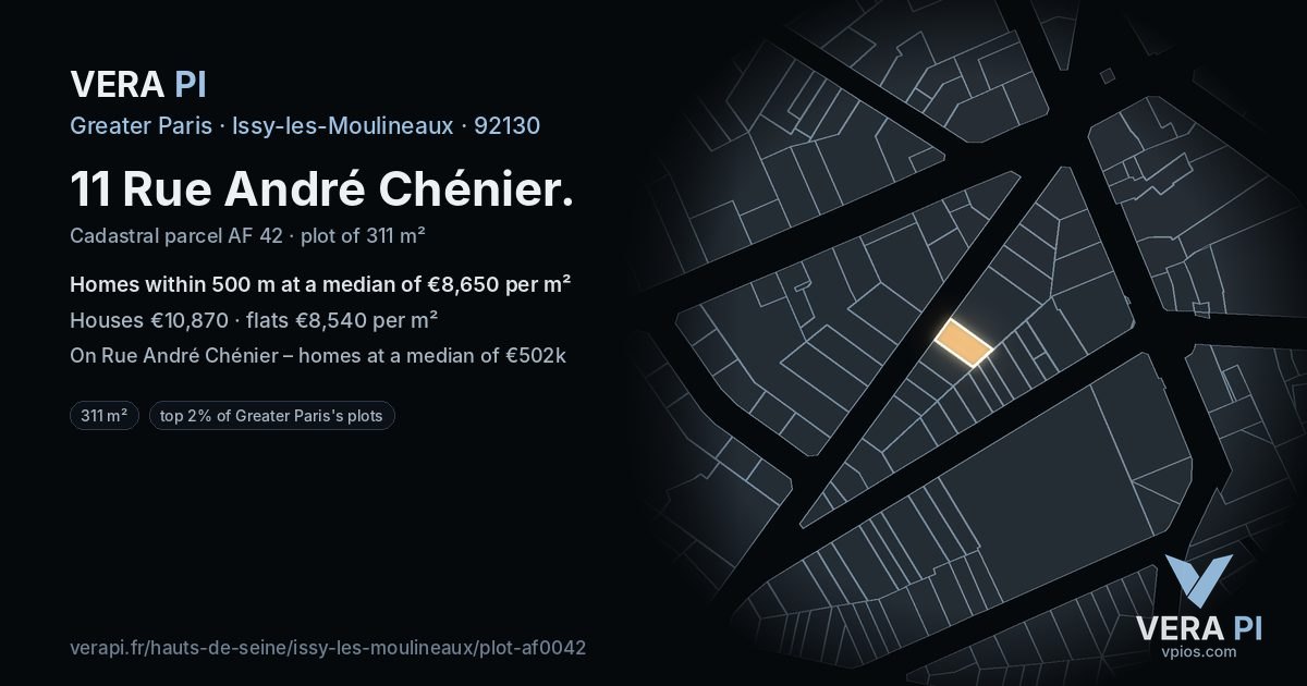 11 Rue André Chénier, Issy-les-Moulineaux at night – the plot lit, the parcels around coloured by the prices near them