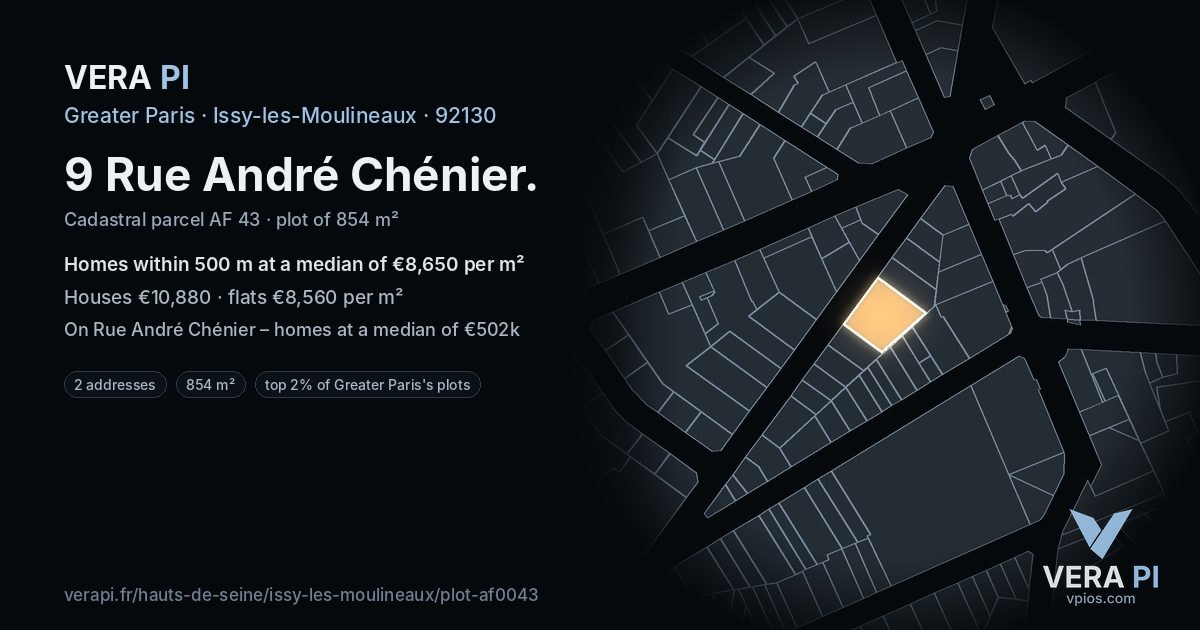 9 Rue André Chénier, Issy-les-Moulineaux at night – the plot lit, the parcels around coloured by the prices near them