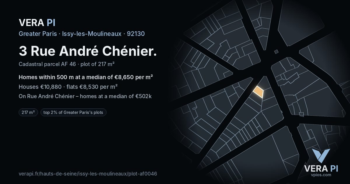 3 Rue André Chénier, Issy-les-Moulineaux at night – the plot lit, the parcels around coloured by the prices near them