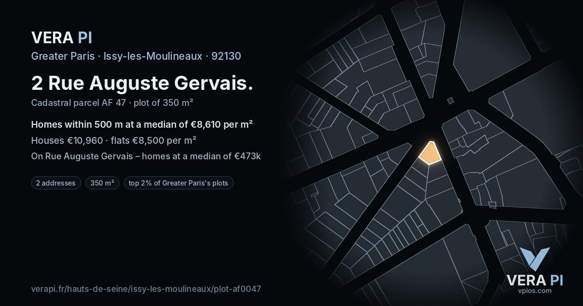 2 Rue Auguste Gervais, Issy-les-Moulineaux at night – the plot lit, the parcels around coloured by the prices near them