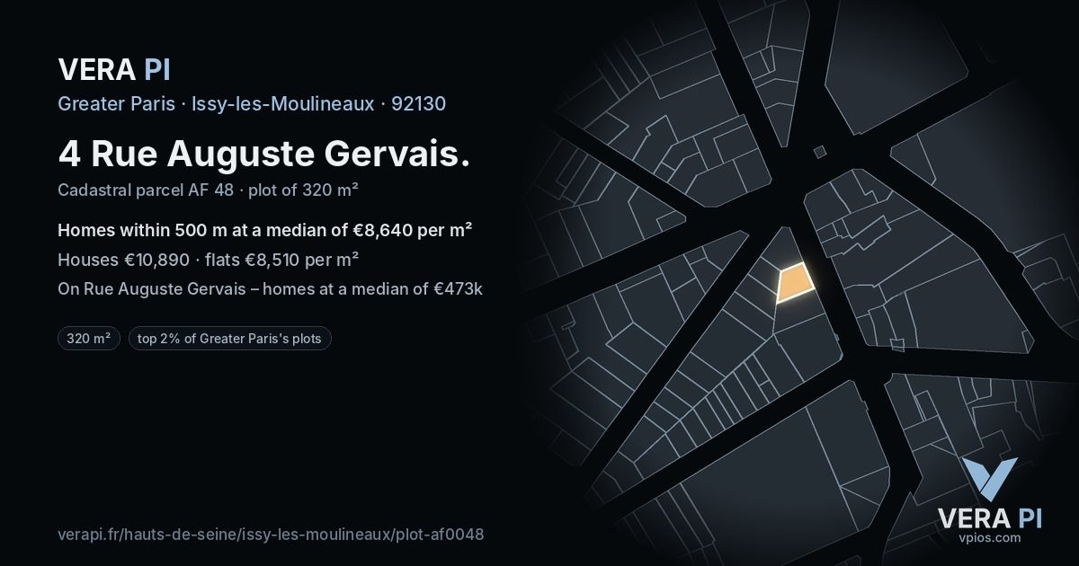 4 Rue Auguste Gervais, Issy-les-Moulineaux at night – the plot lit, the parcels around coloured by the prices near them