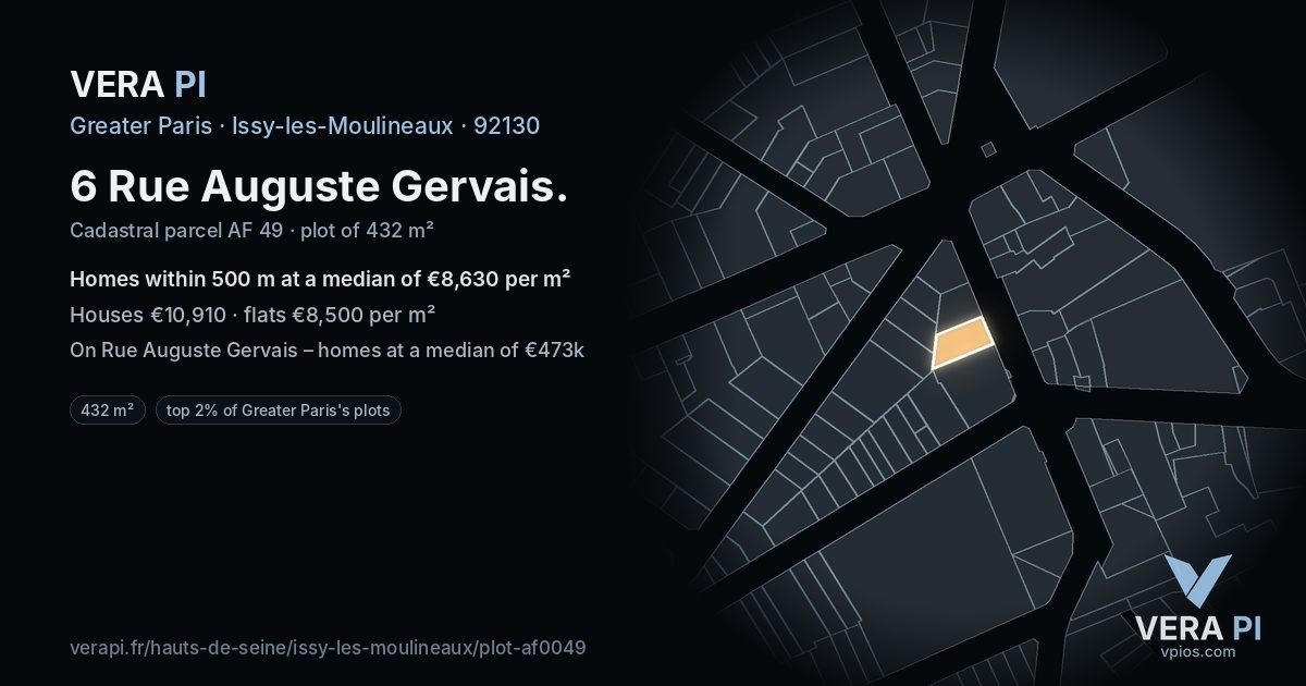 6 Rue Auguste Gervais, Issy-les-Moulineaux at night – the plot lit, the parcels around coloured by the prices near them