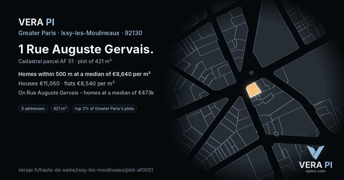 1 Rue Auguste Gervais, Issy-les-Moulineaux at night – the plot lit, the parcels around coloured by the prices near them
