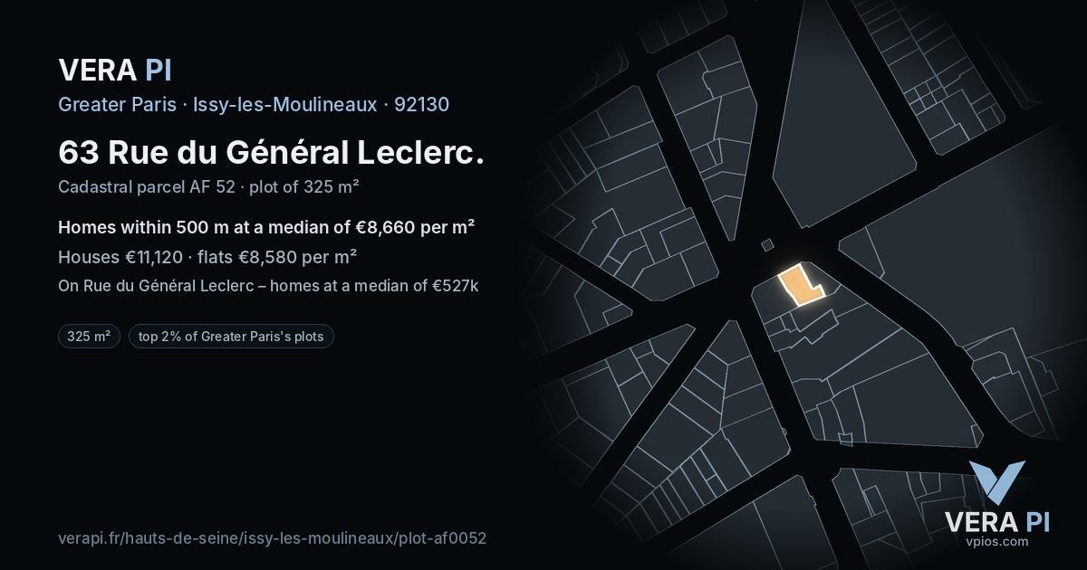 63 Rue du Général Leclerc, Issy-les-Moulineaux at night – the plot lit, the parcels around coloured by the prices near them