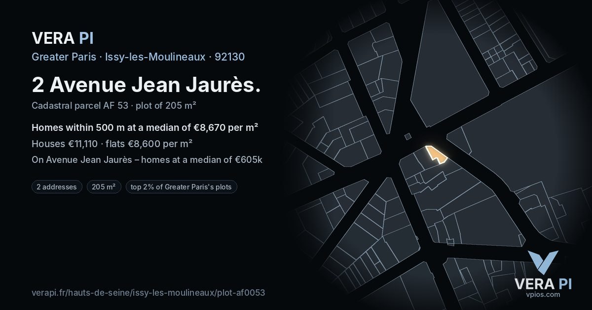 2 Avenue Jean Jaurès, Issy-les-Moulineaux at night – the plot lit, the parcels around coloured by the prices near them