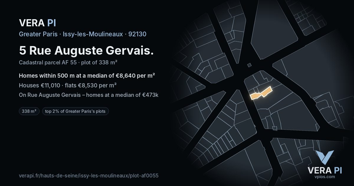 5 Rue Auguste Gervais, Issy-les-Moulineaux at night – the plot lit, the parcels around coloured by the prices near them