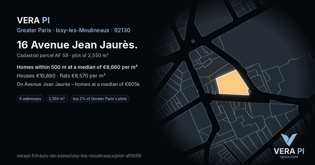 16 Avenue Jean Jaurès, Issy-les-Moulineaux at night – the plot lit, the parcels around coloured by the prices near them