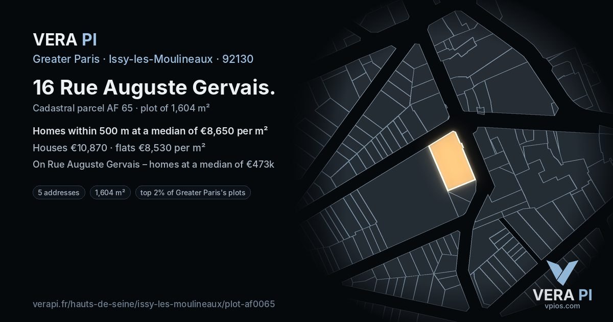 16 Rue Auguste Gervais, Issy-les-Moulineaux at night – the plot lit, the parcels around coloured by the prices near them
