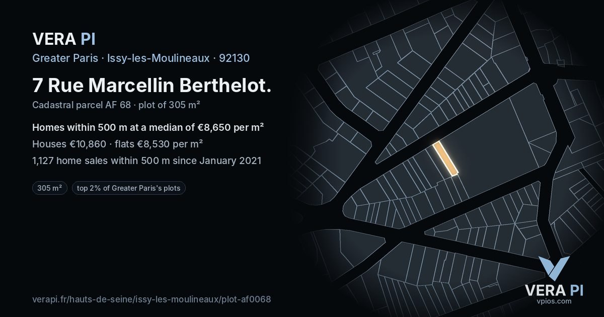 7 Rue Marcellin Berthelot, Issy-les-Moulineaux at night – the plot lit, the parcels around coloured by the prices near them