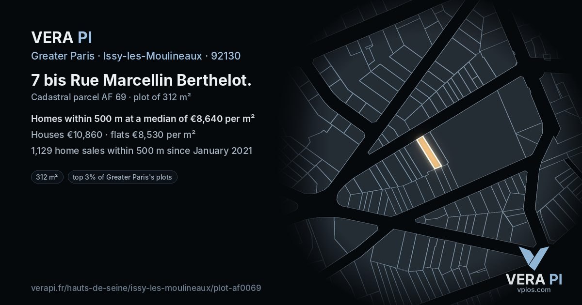 7 bis Rue Marcellin Berthelot, Issy-les-Moulineaux at night – the plot lit, the parcels around coloured by the prices near them