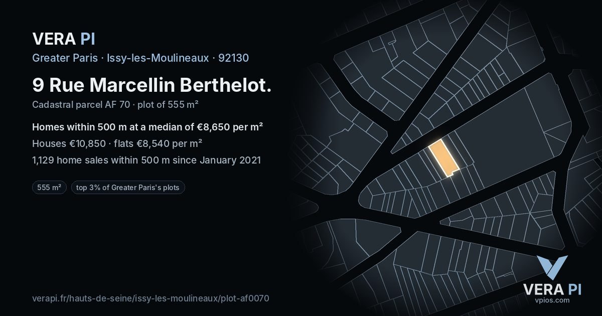 9 Rue Marcellin Berthelot, Issy-les-Moulineaux at night – the plot lit, the parcels around coloured by the prices near them