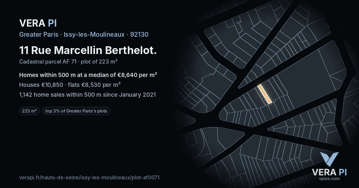 11 Rue Marcellin Berthelot, Issy-les-Moulineaux at night – the plot lit, the parcels around coloured by the prices near them