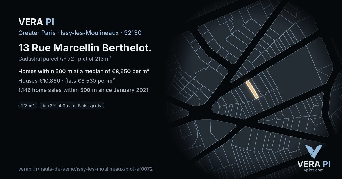 13 Rue Marcellin Berthelot, Issy-les-Moulineaux at night – the plot lit, the parcels around coloured by the prices near them