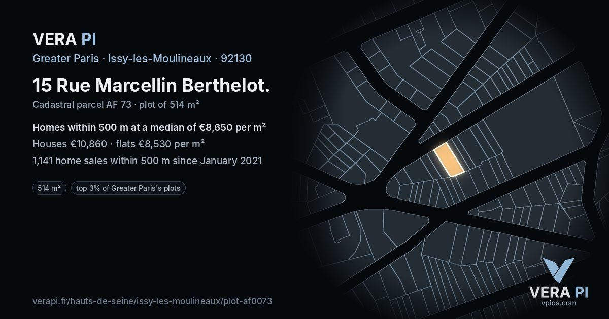 15 Rue Marcellin Berthelot, Issy-les-Moulineaux at night – the plot lit, the parcels around coloured by the prices near them