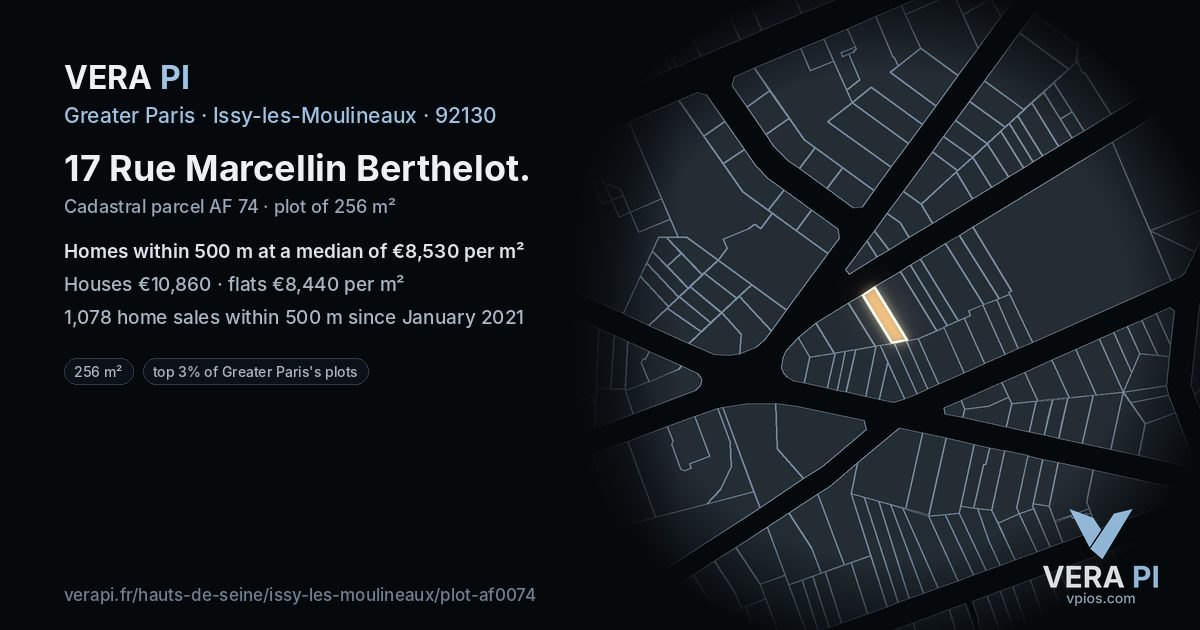17 Rue Marcellin Berthelot, Issy-les-Moulineaux at night – the plot lit, the parcels around coloured by the prices near them