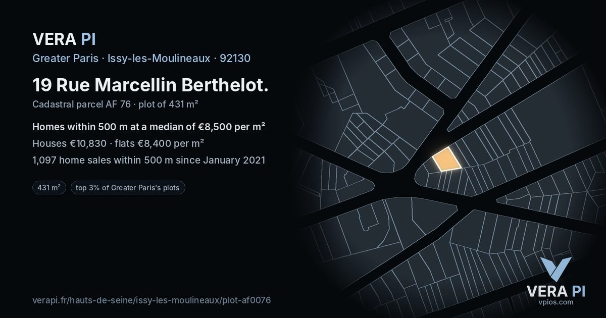 19 Rue Marcellin Berthelot, Issy-les-Moulineaux at night – the plot lit, the parcels around coloured by the prices near them