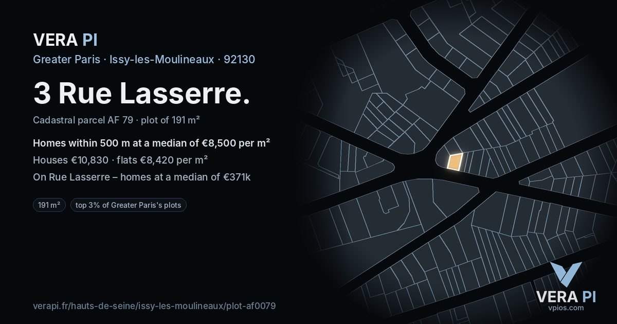 3 Rue Lasserre, Issy-les-Moulineaux at night – the plot lit, the parcels around coloured by the prices near them
