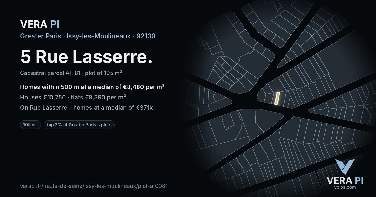 5 Rue Lasserre, Issy-les-Moulineaux at night – the plot lit, the parcels around coloured by the prices near them