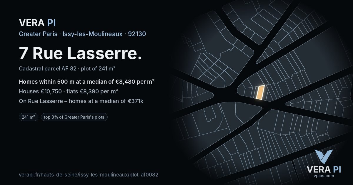 7 Rue Lasserre, Issy-les-Moulineaux at night – the plot lit, the parcels around coloured by the prices near them