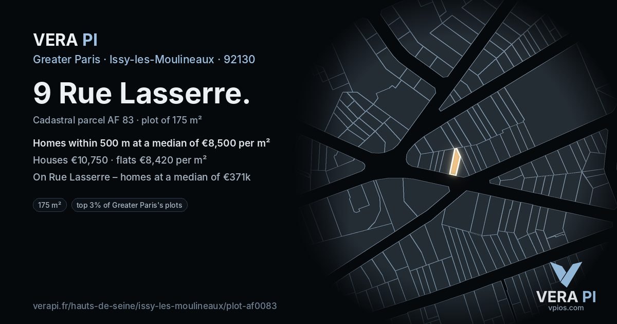 9 Rue Lasserre, Issy-les-Moulineaux at night – the plot lit, the parcels around coloured by the prices near them