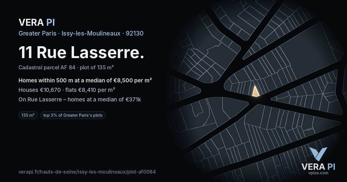 11 Rue Lasserre, Issy-les-Moulineaux at night – the plot lit, the parcels around coloured by the prices near them