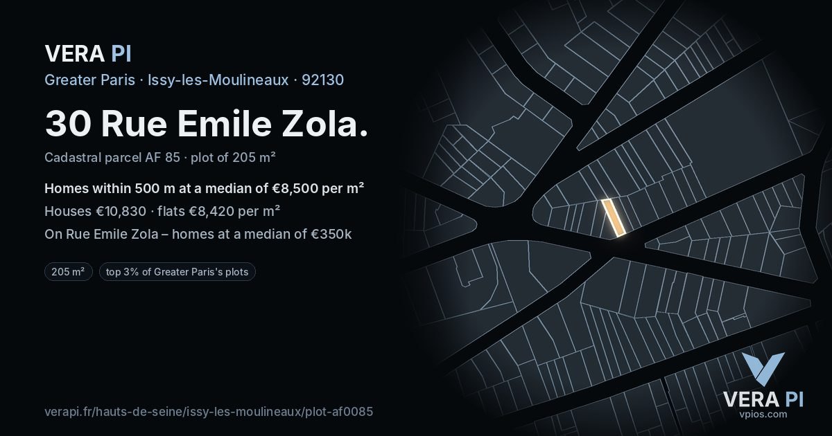 30 Rue Emile Zola, Issy-les-Moulineaux at night – the plot lit, the parcels around coloured by the prices near them