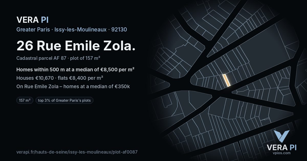 26 Rue Emile Zola, Issy-les-Moulineaux at night – the plot lit, the parcels around coloured by the prices near them