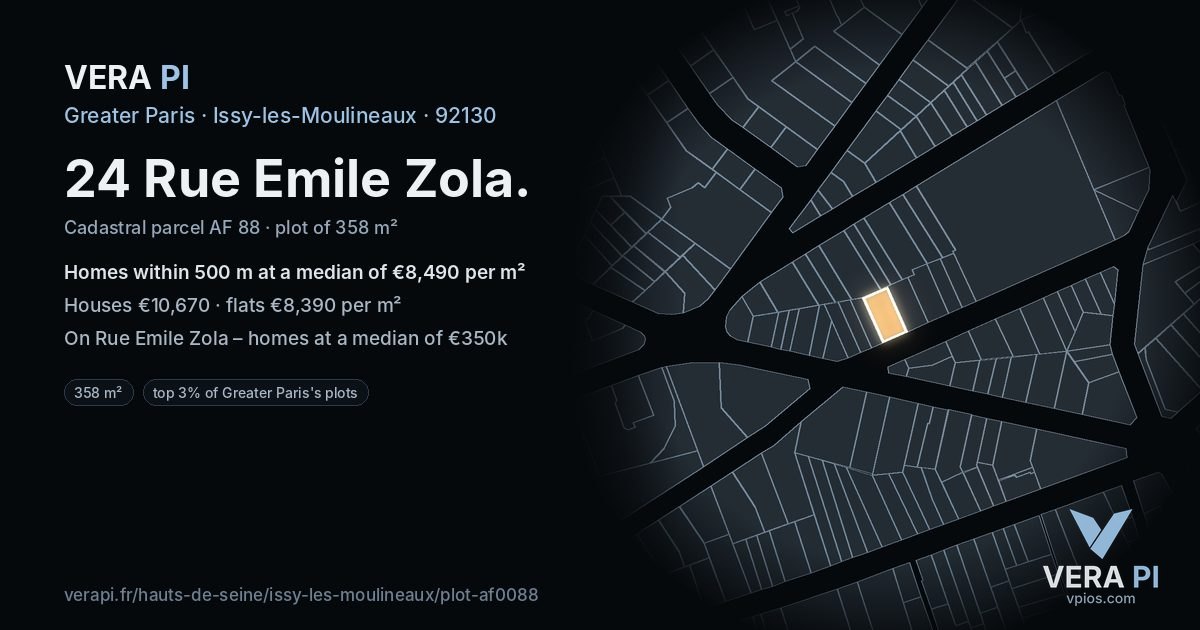 24 Rue Emile Zola, Issy-les-Moulineaux at night – the plot lit, the parcels around coloured by the prices near them