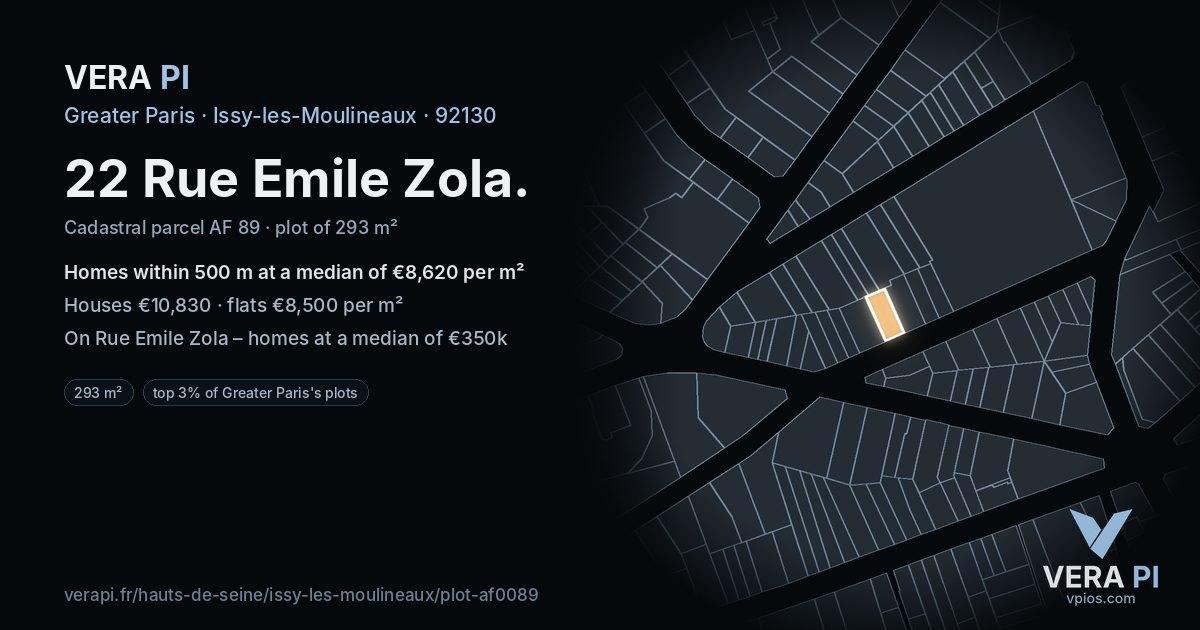 22 Rue Emile Zola, Issy-les-Moulineaux at night – the plot lit, the parcels around coloured by the prices near them