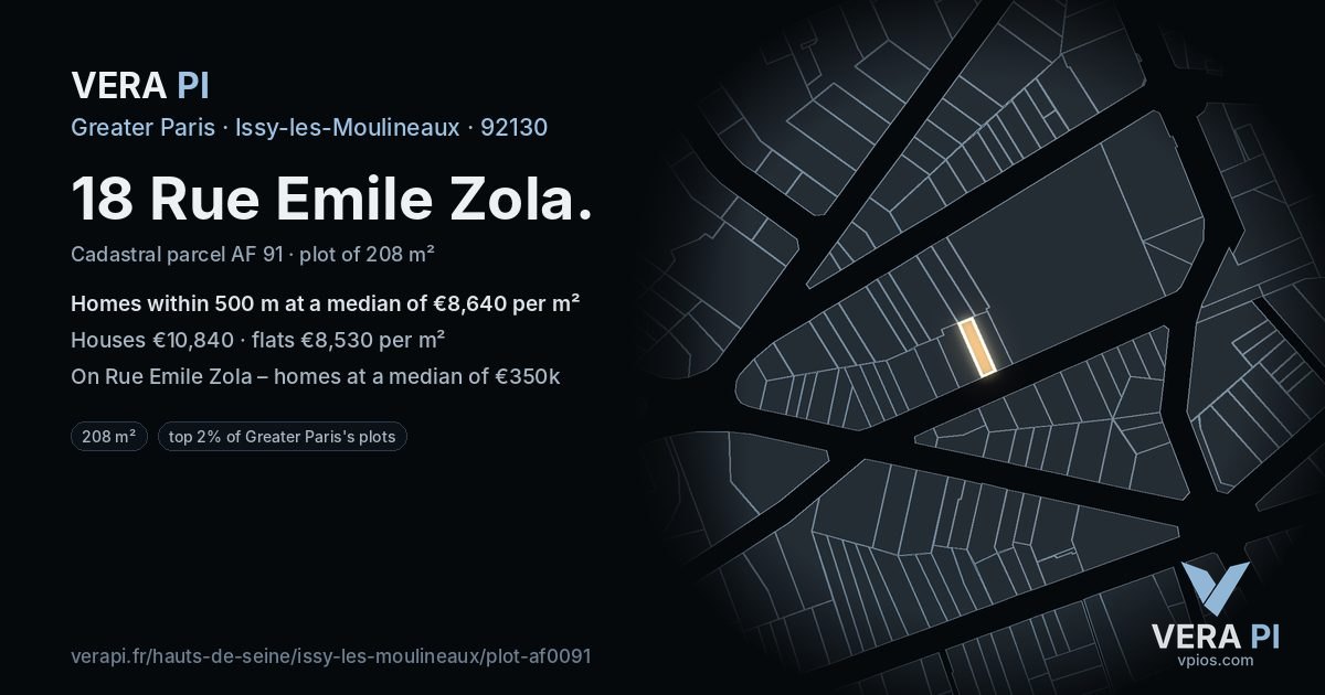 18 Rue Emile Zola, Issy-les-Moulineaux at night – the plot lit, the parcels around coloured by the prices near them