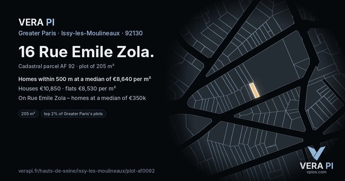 16 Rue Emile Zola, Issy-les-Moulineaux at night – the plot lit, the parcels around coloured by the prices near them