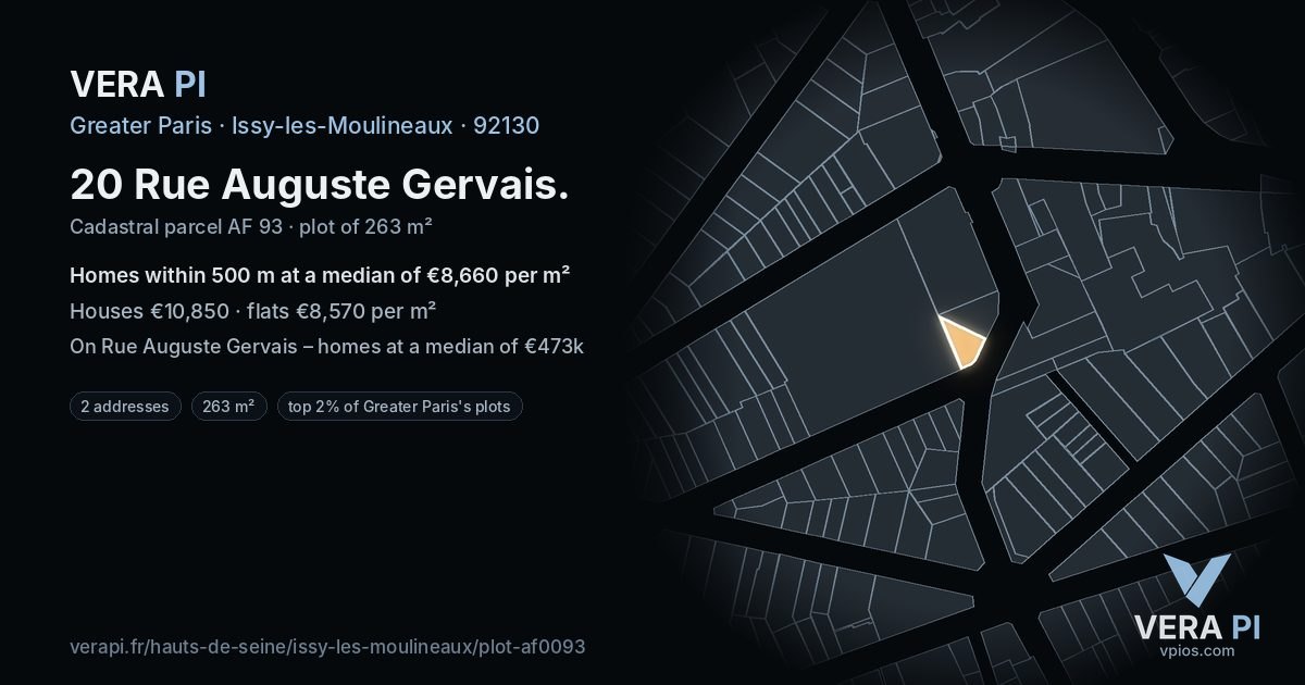 20 Rue Auguste Gervais, Issy-les-Moulineaux at night – the plot lit, the parcels around coloured by the prices near them