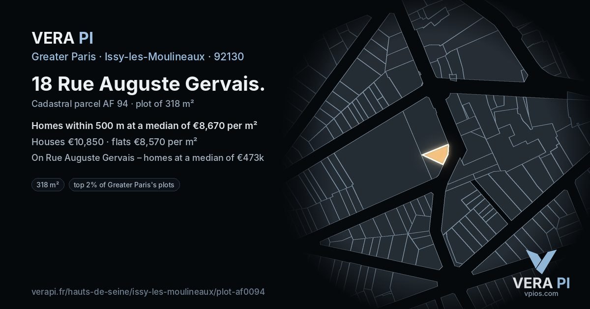 18 Rue Auguste Gervais, Issy-les-Moulineaux at night – the plot lit, the parcels around coloured by the prices near them