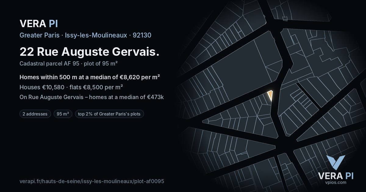 22 Rue Auguste Gervais, Issy-les-Moulineaux at night – the plot lit, the parcels around coloured by the prices near them